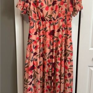 Red and Pink Ruffled Tiered Maxi Dress with Puff Sleeves